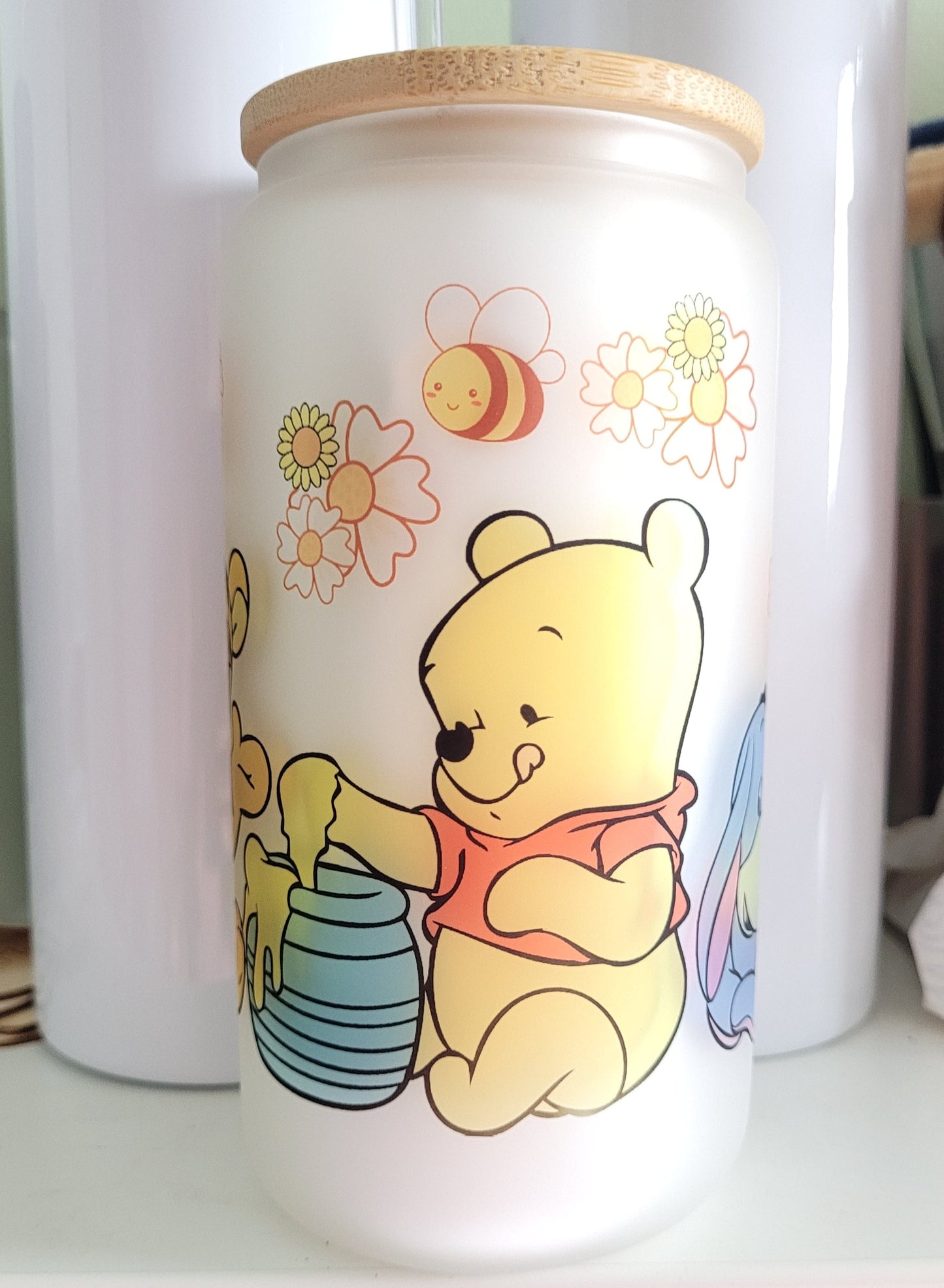 Pooh Bear and friends Frosted glass can