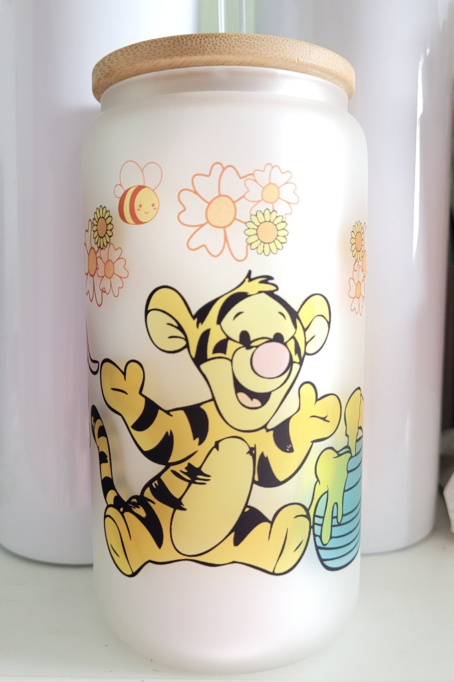 Pooh Bear and friends Frosted glass can