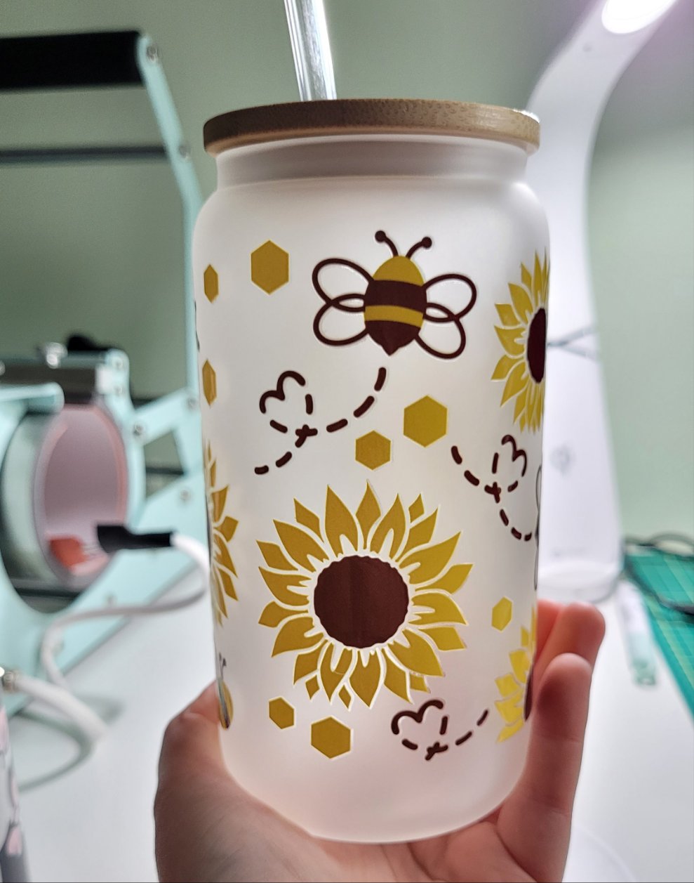 Bee & Sunflower glass can