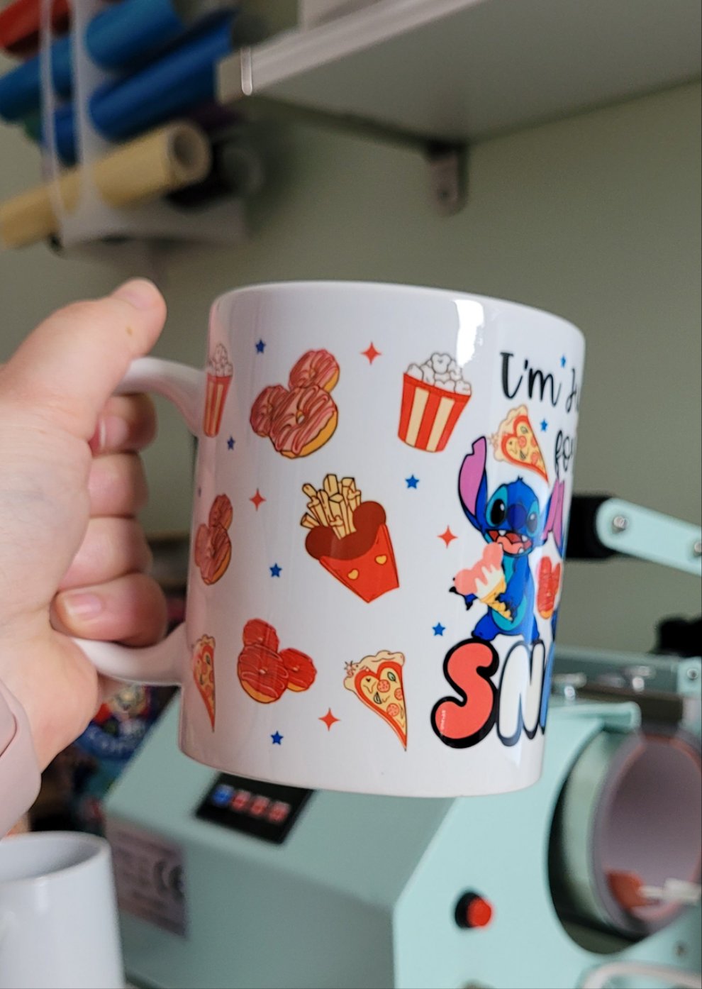 I'm just here for the snacks Stitch mug