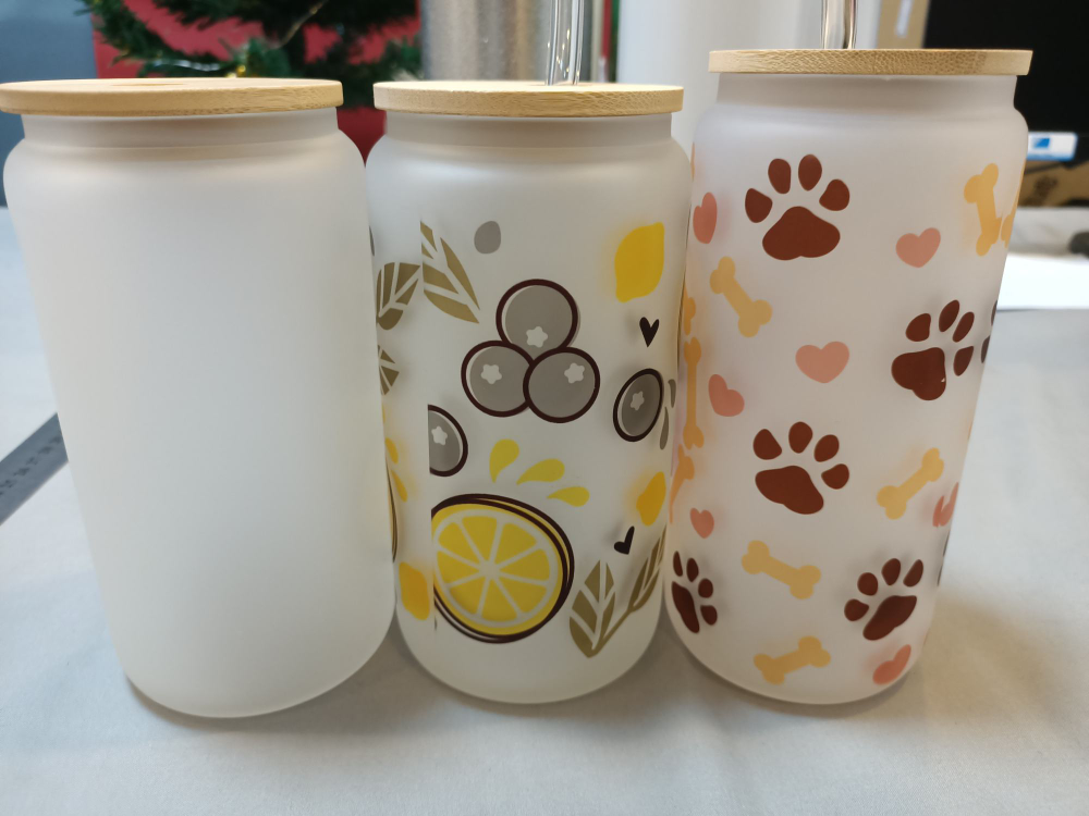 Frosted Sublimation Beer Can Glasses with Bamboo Lid and Plastic Straw